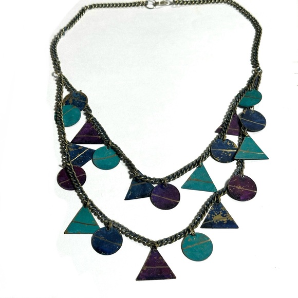 Jewelry - Vintage Purple Teal Blue Necklace Weathered Painted Brass Geometric Shapes 1980s